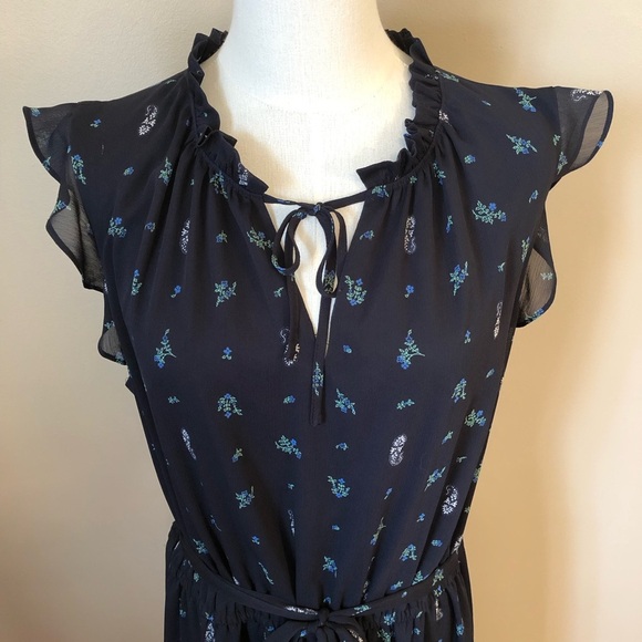 Ann Taylor Ruffled Cap Sleeve Black Floral Dress w/ Elastic Waist & Belt Size XL - Picture 3 of 9